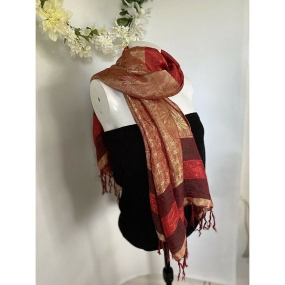 Vintage Shiny Scarf Shawl with Fringe Woman's Red Gold Rectangular Scarf 60"X24" - Picture 9 of 10